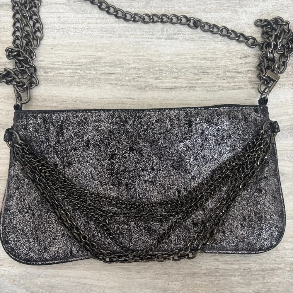 Y2K Old Navy Crackle Metallic Silver/Black Crossbody Shoulder Bag W/Chains.
